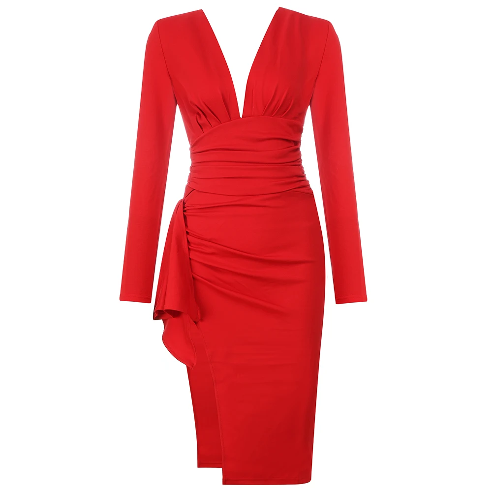 VC,, новое модное ДРАПИРОВАННОЕ дизайнерское сексуальное платье с длинными рукавами и v-образным вырезом, вечерние платья знаменитостей до колен - Цвет: Красный