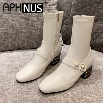 

APHNUS Womens Boots Short Ankle Booties Mid High Heels Pumps Woman 2020 Shoes For Women New Boot