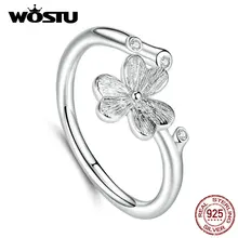 WOSTU, Новое поступление,, настоящее 925 пробы, серебряное кольцо в виде цветка клевера, циркониевые регулируемые Открытые Кольца, для женщин, ювелирные изделия CQR598