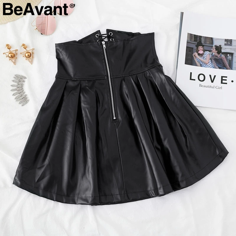 BeAvant/Пикантные мини-юбки из искусственной кожи для женщин, высокая талия, шнуровка, молнии, гофрированная черная юбка, Осень-зима, вечерние юбки трапециевидной формы для клуба