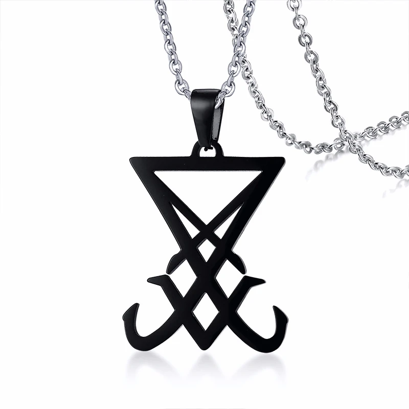 SIGIL OF LUCIFER DISC PENDANT SATANIC SYMBOL STAINLESS STEEL SATANISM UNISEX JEWELRY SEAL OF SATAN NECKLACE - Окраска металла: Посеребренный