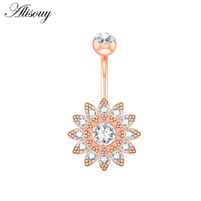 1pc Flower Heart Dangled Belly Navel Piercing Button Ring 14G Stainless Steel CZ Crystal Opal Ombligo Woman Body Jewelry