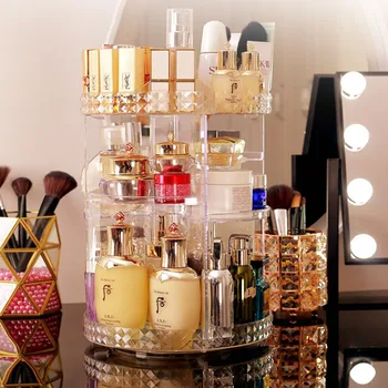 

Makeup Organizer Storage Box Cosmetics Transparent Storage Rack 360 Degree Rotate Crystal Display Stand Assembly Large Capacity