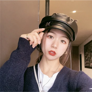 

Autumn and winter new letter flat leather hat women's military cap peaked cap temperament octagonal hat