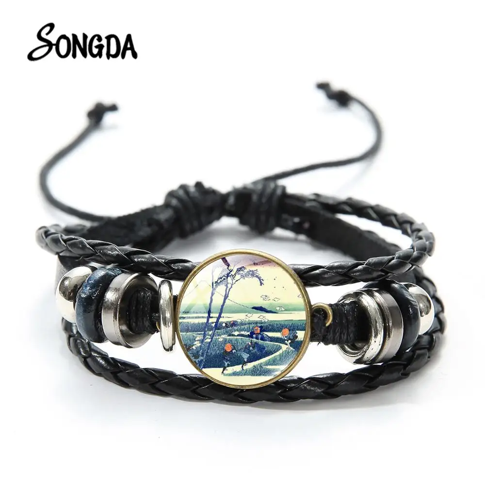 Beautiful Village Painting Bracelets Japanese Ukiyo-e Art Wave Leather Braceket 3D Printed Glass Cabochon Jewelry Trinket | Украшения и