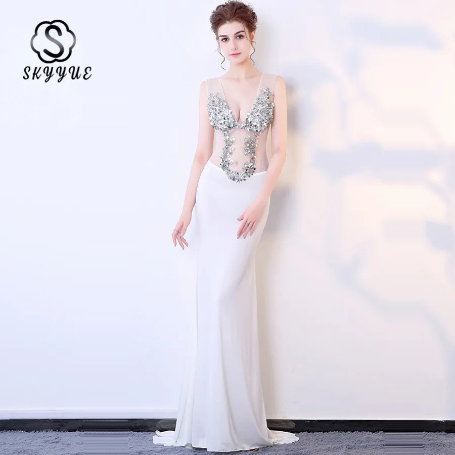

Skyyue Evening Gown Bling Sequin Evening Dresses for Women Deep V-neck Tank Robe De Soiree Floor Length Formal Dress 2019 H136
