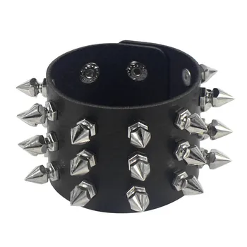 Gothic Unique Three Row Cuspidal Spikes Rivet Stud Wide Cuff PU Leather Punk Gothic Rock Unisex Bangle Bracelet men jewelry