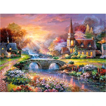 

SNA Full Drill Diamond Embroidery Colorful Landscape Handmade Diamond Painting Village Needlework Mosaic Cross Stitch Home Decor