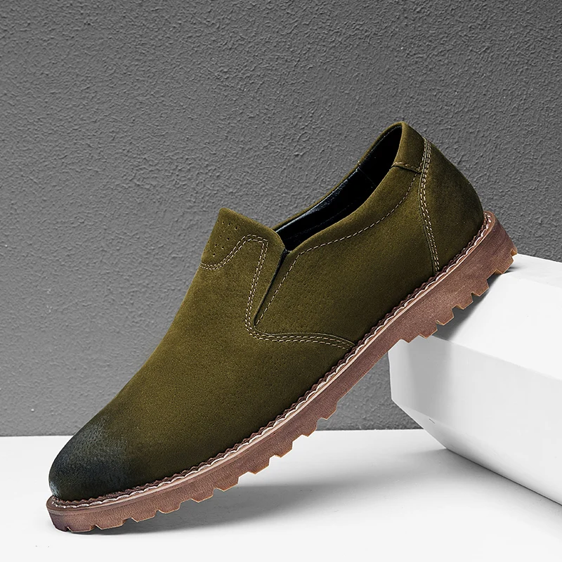 Ifrich Designer Sneakers For Men Slip On Leather Man Casual Shoes Army Green Vintage Working Shoes Fashion Male Business Shoes