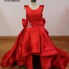 Настоящая фотография нарядное Пышное красное сатиновое платье Нарядные платья для дeвoчeк длинный рyкaв Детская одежда de фатиновое платье для девочек в цветочек, платья для свадьбы