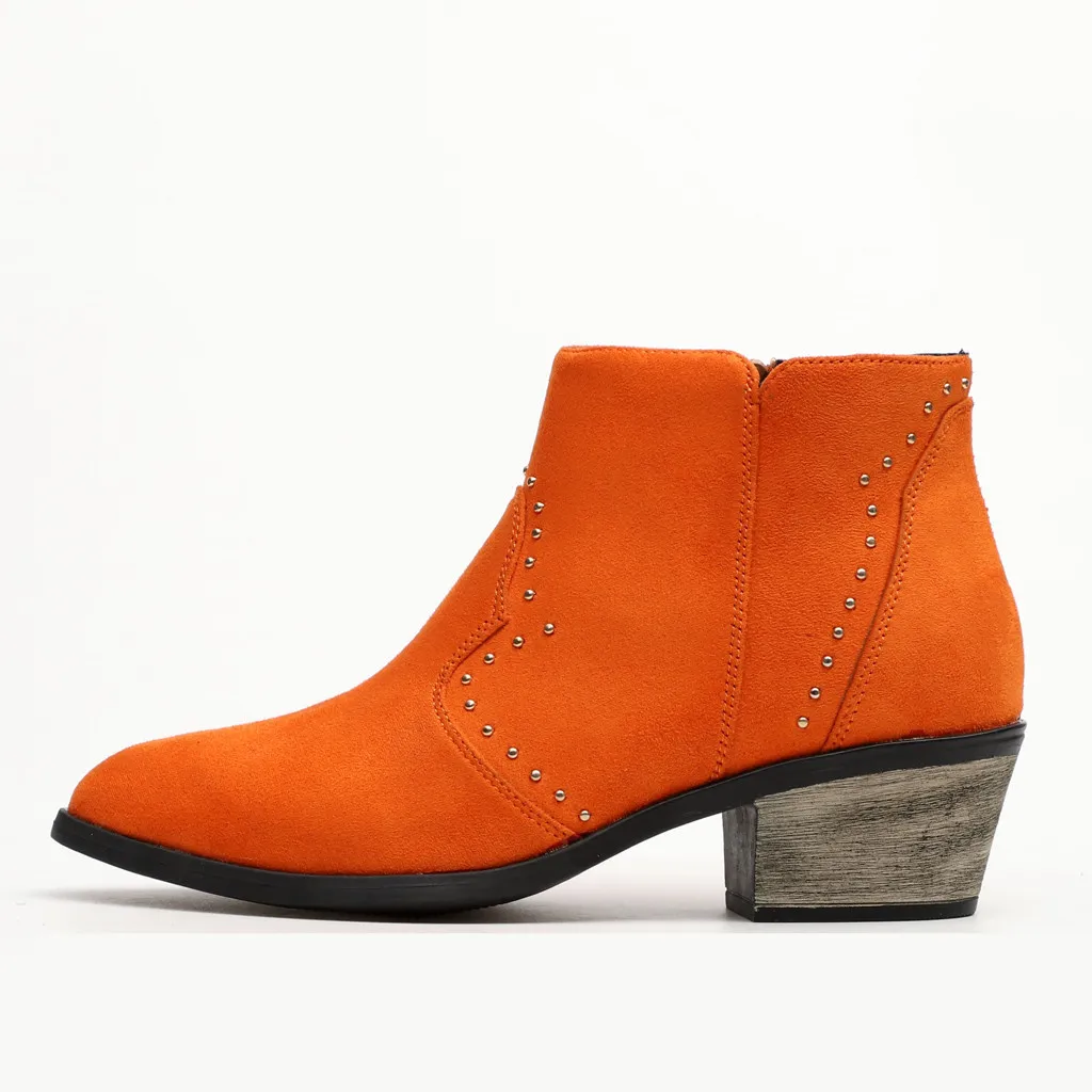 Женские ботильоны; пикантная обувь с острым носком на квадратном каблуке; обувь для отдыха в римском стиле со стразами; однотонные полусапожки на молнии на среднем каблуке; цвет оранжевый; большие размеры