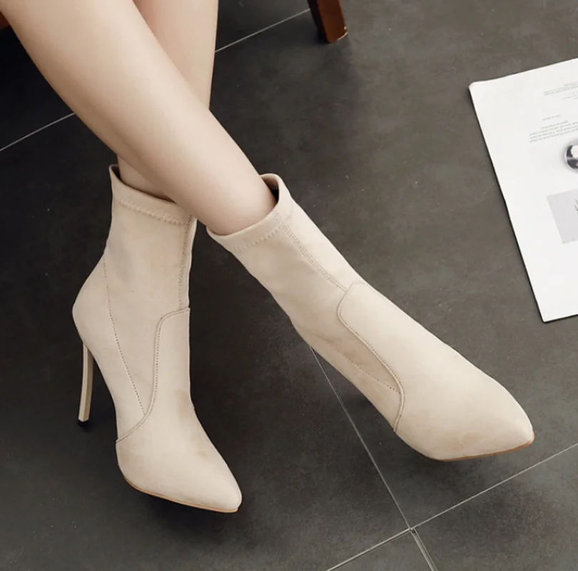 

2019 new Autumn Winter Women Boots Stretch Fabric Thin Heels Boots Fashion Ankle Boots High Heels Shoes Woman Sapatos