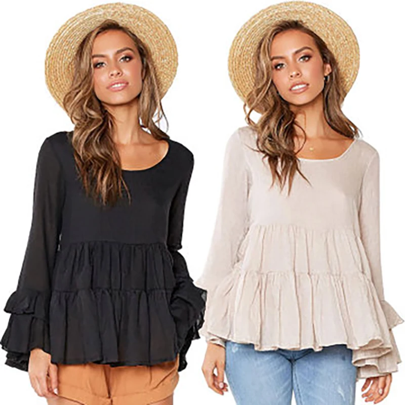 

Pullover T-Shirts Women 2019 Spring Autumn Casual Loose Round Neck Solid Color Ruffles Tops Tees Casual Long Sleeve T-Shirts