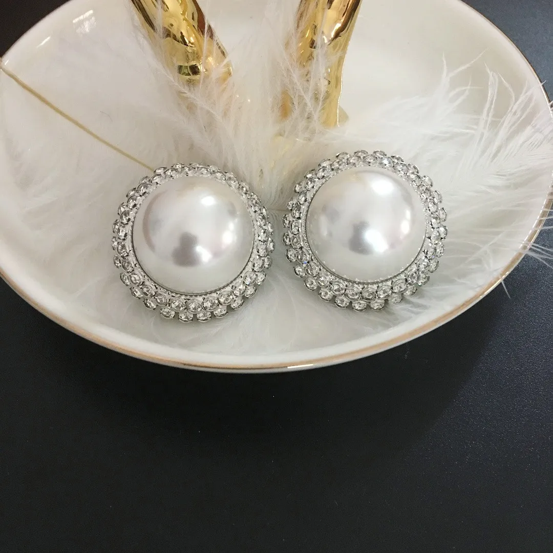 fashion big large pearl clip on earrings without piercing for women no hole cz rhinestone earring