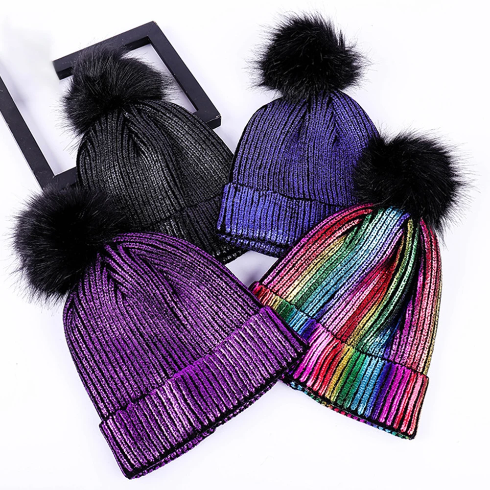 Hair Ball Warm Knitted Metallic Shiny Girl Autumn Winter Soft Crochet Cute Pompom Cap Beanie Windproof Solid Women Hats 6