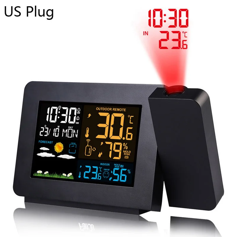 US Plug Светодиодный Будильник, проекционные часы, термометр, гигрометр, Беспроводная метеостанция, цифровые часы, повтор, настольные часы, радиочасы - Цвет: US Plug