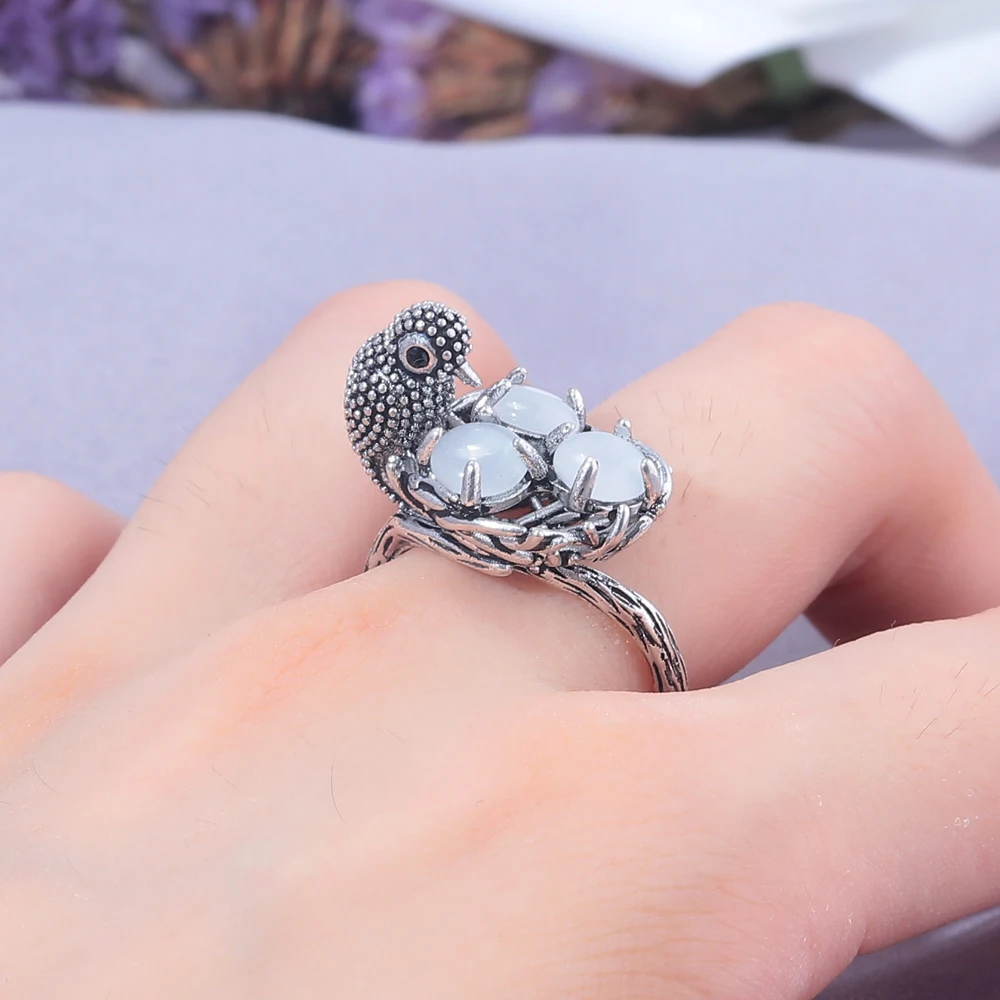 CiNily Vintage Bird Nest Moonstone Bird Egg Zircon Silver Unisex Popular Jewelry Ring 6-10 NJ441