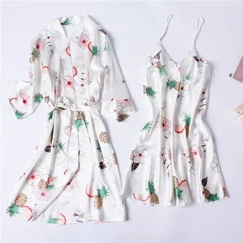 

Print Flower Kimono Gown Women Bathrobe Sleepwear Satin Intimate Lingerie 2PCS Sleep Set Nightdress Silky Nightwear Homewear