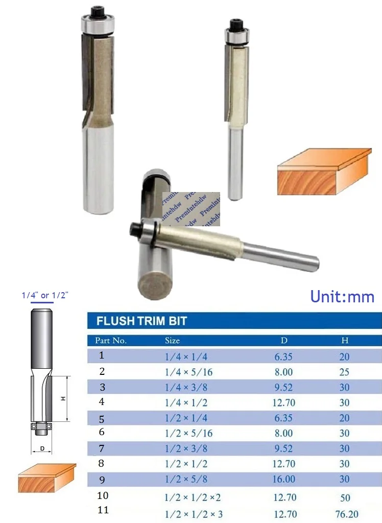 

10Pcs/Lot 1/4" 1/2" Shaft Dual Edges Straight Flush Trim Router Bit Bearing Flush Trim Bit Woodworking