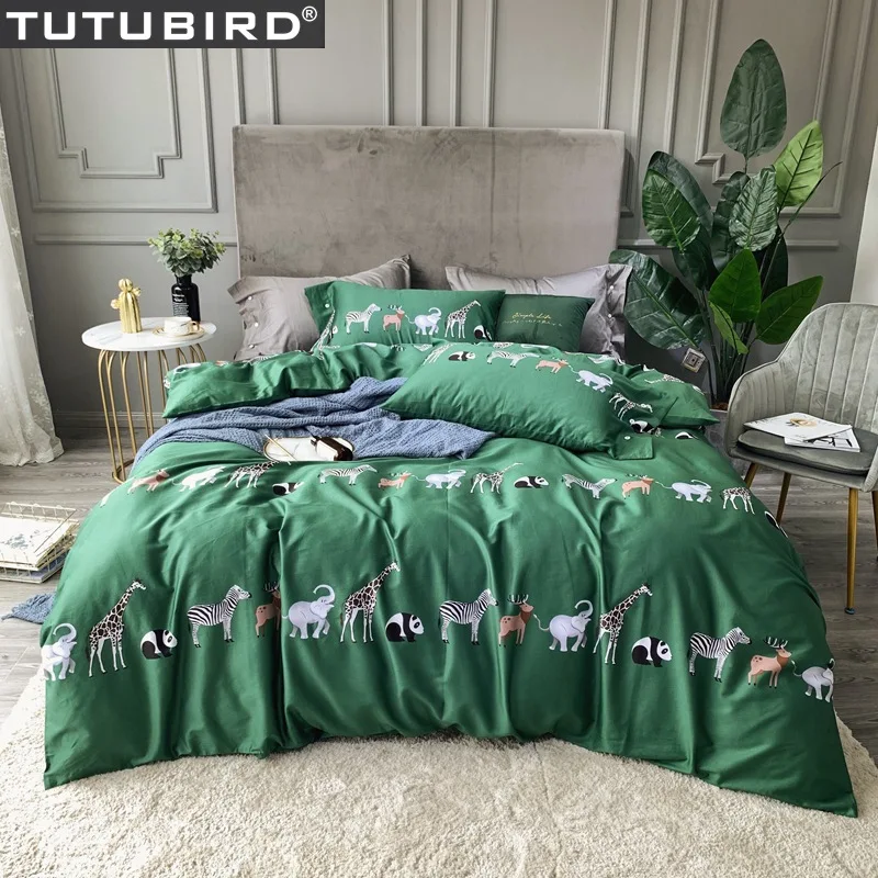 Green Animal Print Bedding Set Cartoon Style Bedclothes Egyptian