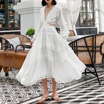 

BGW HT5129 High Quality White Lace Party Dresses Long Sleeves Deep V Neck Beach Evening Dresses Backless 2020 New
