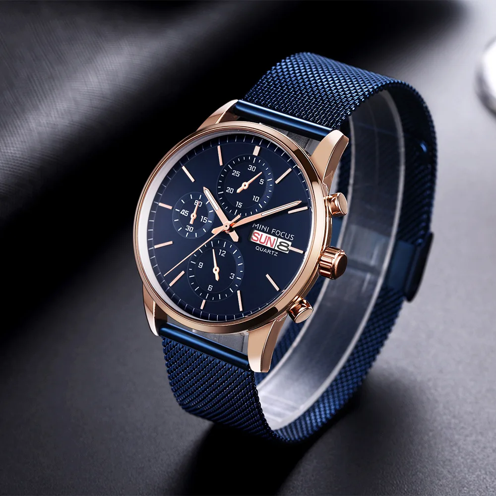 

Mini FOCUS New Style Fashion MEN'S Watch Japan Movement Calendar Waterproof Fake Three-Eyed MEN'S Quartz Watch 0180G