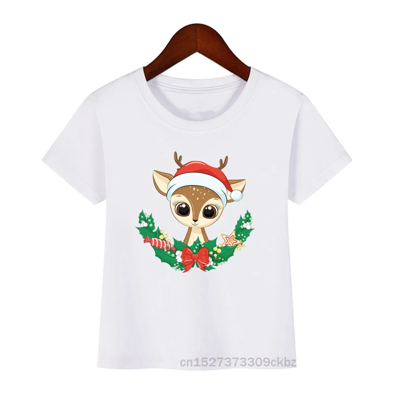 

Merry Christmas Deer Cartoon Cute White Kids T-shirts Children Summer Girl Gift Present Clothes Boy Animal Tops Tee 2021