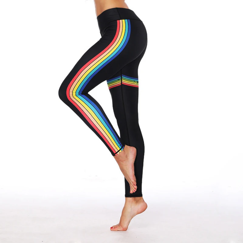 

Rainbow Striped Polyester Leggings Casual Black Sporting Elastic Force Breathable Polyester Leggings For Women