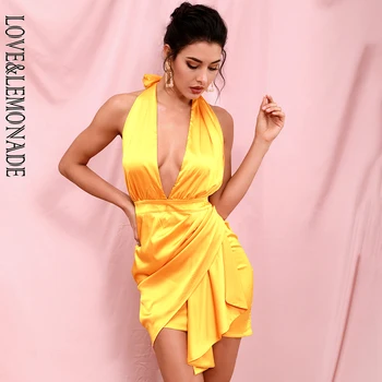 

LOVE & LEMONADE Sexy Yellow V-Neck Open Back Cross Streamer Reflective Material Party Mini Dress LM82319