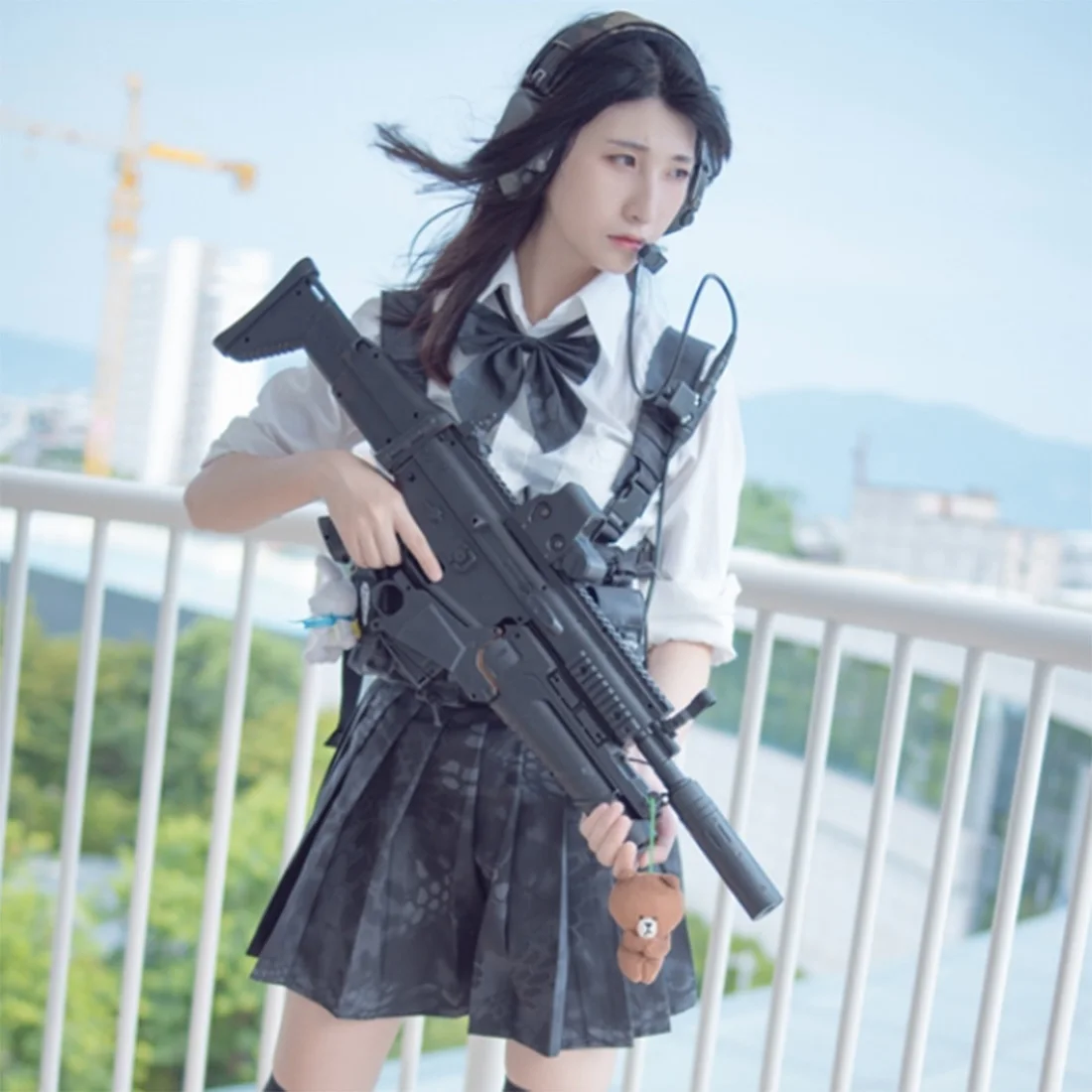 

Military Women Warrior Girl Tactical Uniform Skirt Cosplay Costume Set with Skirt Chest Rig Thigh High Socks - Black Python XL