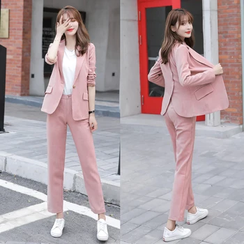 

2020 Spring New Women's Two-piece Set Korean Fashion Casual Slim Solid Elegant Back Split Pink Single Button Blazer + Pants Suit