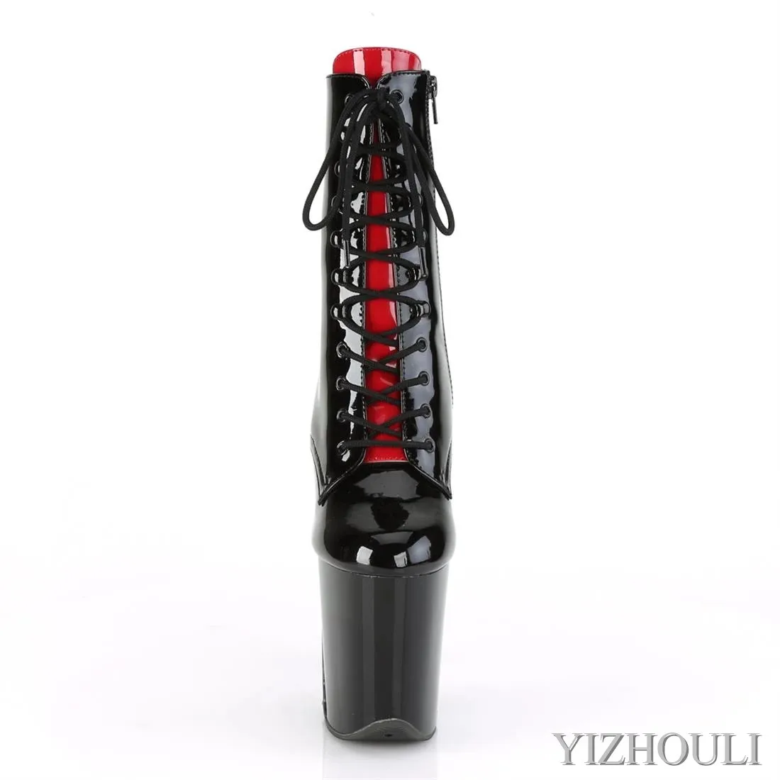 20 cm stiletto heels, lace-up soles, 8 inch nightclub show shoes, rounded head zip opening, bright ankle boots