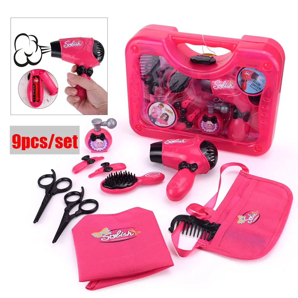 Caja de Herramientas de maquillaje para niñas y niños, Set de juguetes de simulación de secador de pelo, tijeras de peluquero, peine y rizador
