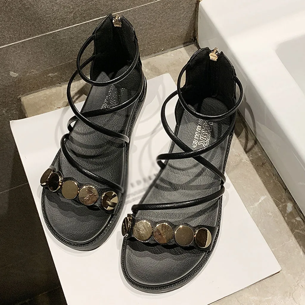 

Roman Style Sandals Metal Ring Shoes For Women Summer Flat Roman Beach Open Toe Tape Sandals Non-slip Soft Bottom Shoes Round