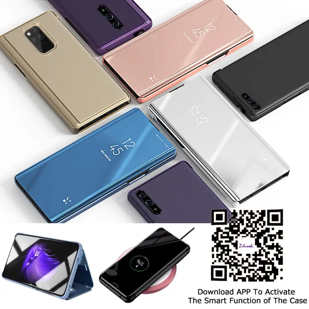 Умный чехол для samsung galaxy A40 A20 A70 A60 A50 A80 A90 A30 прозрачный зеркальный с подставкой