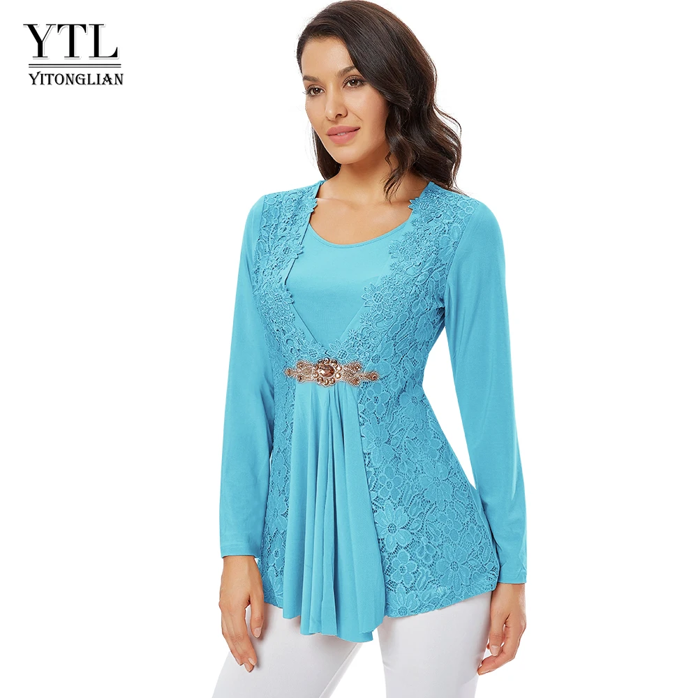 YTL Женская винтажная блузка с длинным рукавом бриллиантами Flowy Chic кружевные топы