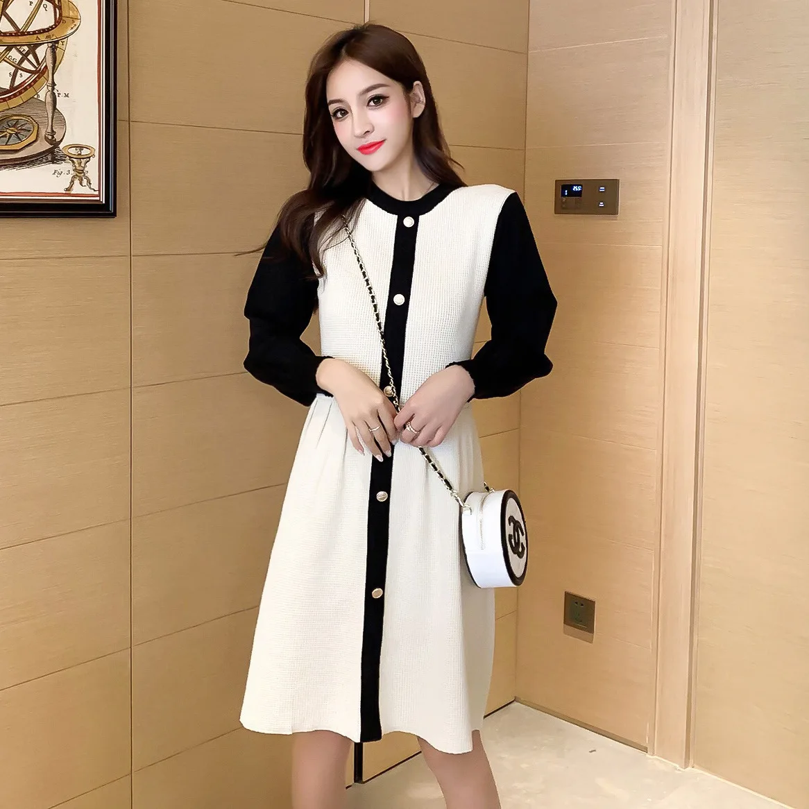 

Photo Shoot 2019 Autumn And Winter Korean-style Graceful Waist Hugging Slimming Long Sleeve Jersey Dress Base Skirt