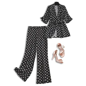

Womens Two Piece Sets 2020 Summer Formal Blazers Women Half Sleeve+ Full Length Pants Polka Dot Matching Sets for Women