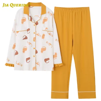 

Long Sleeve Long Pants Sleepwear Fashion Style Casual Style Pajamas Set Turn Down Collar Woman Clothes Printing Pajamas Set