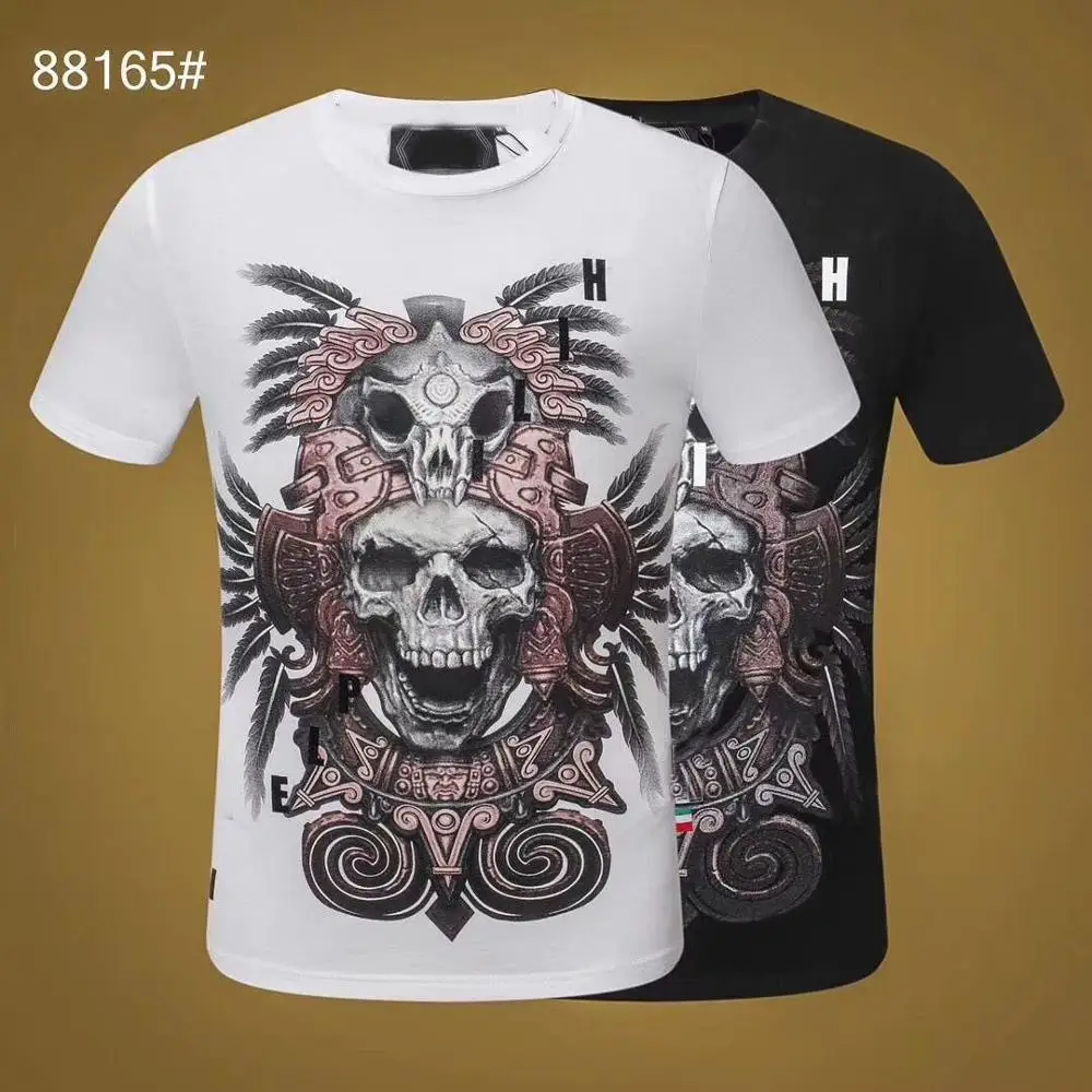 

2020 New PP Skull Crystal T-Shirt Short Sleeve Black White Cotton mens tee shirts fashion Gothic Style Size:M-3XL