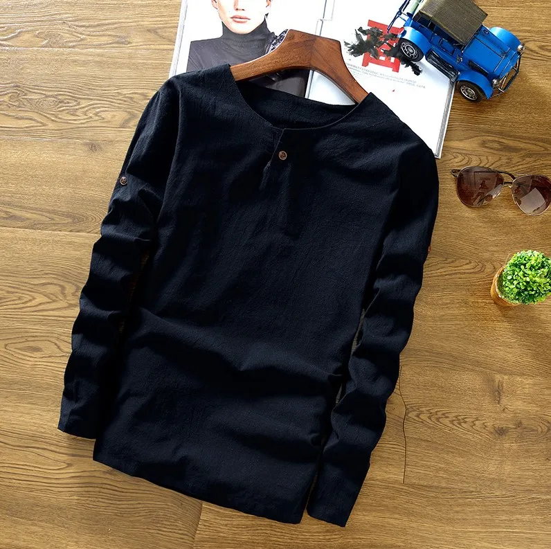 black-1 button Мужские льняные хлопковые рубашки с длинным рукавом размера плюс 5XL осень зима v-образный вырез над размером нижнее белье китайский стиль черный хаки топы тройники - Цвет: black-1 button