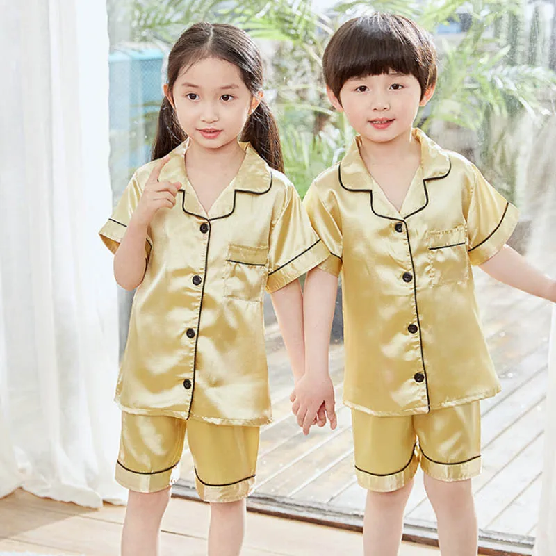 4 6 8 10 12 14 Years Children Satin Pajamas Sets Kids Sleepwear Pyjamas  Solid Color Pajama Boys Night Suits Girls Pink Nightwear - AliExpress