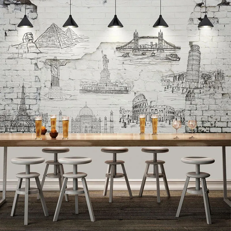 Custom Mural Wallpaper Vintage Brick Wall Building Hand Painted Line Drawing Background Wall Decor Living Room Papel De Parede hand painted chinese painting book drawing works collection meticulous painting line drawing line draft painting analysis book