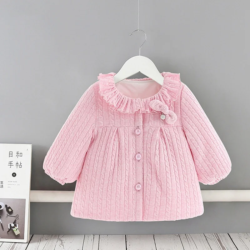 Pink Теплая зимняя вязаная одежда для девочек; пальто принцессы; кардиган для маленьких детей; плотные бархатные парки с бантом; пальто; верхняя одежда; Casaco S10005 - Цвет: Pink
