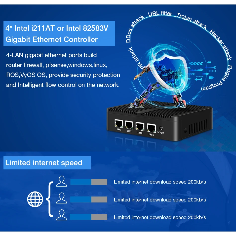 Безвентиляторный мини ПК pFsense Windows Celeron J1900 N2810 Четырехъядерный 4 гигабитный LAN