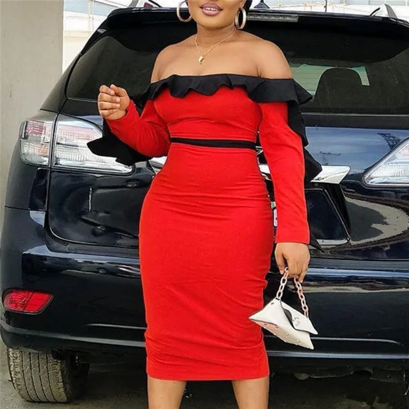 

Red Dress Women Tube Tops Ruffles Long Sleeves High Waist Bodycon Midi Length Elegant Evening Party Clubwear Dresses for Ladies