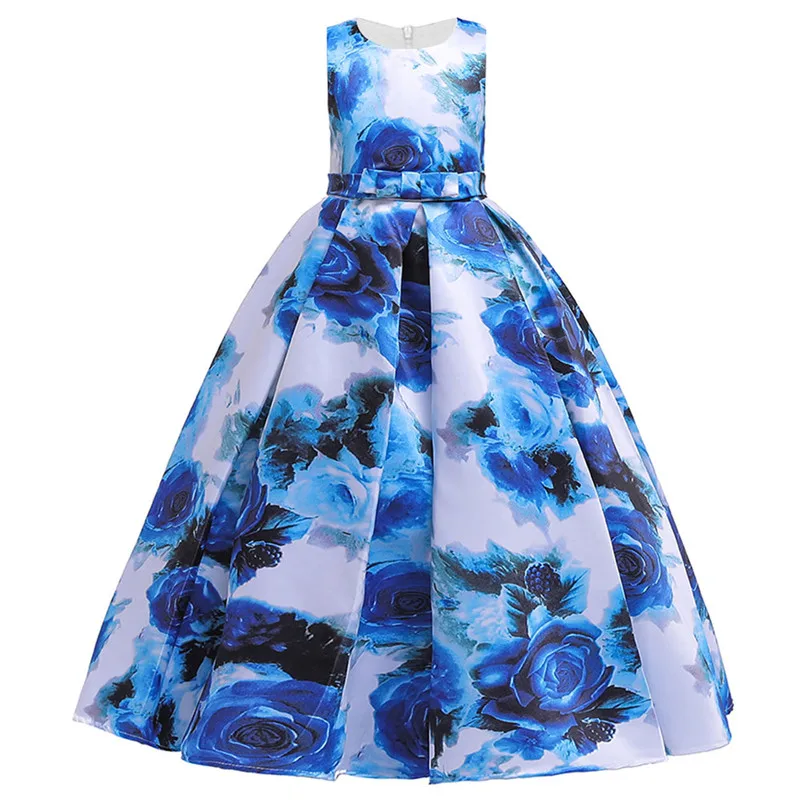 Платье с цветочным узором для девочек; элегантные Детские платья для девочек; свадебное платье с атласным бантом; вечерние платья для девочек-подростков; одежда для детей - Цвет: blue