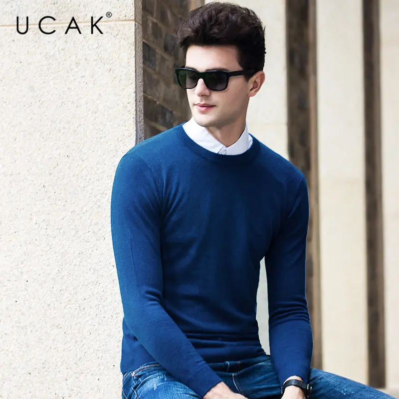UCAK бренд мериносовой шерстяной мужской свитер осень зима толстый кашемировый пуловер мужские повседневные свитера с круглым вырезом Чистый цвет Pull Homme U3053 - Цвет: Dark Blue