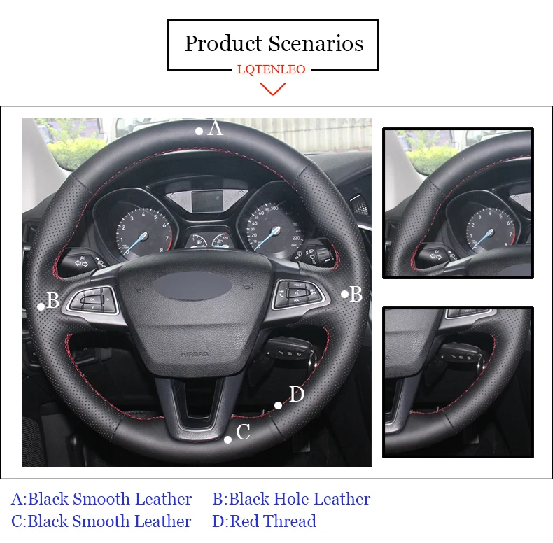 LQTENLEO черная крышка рулевого колеса из натуральной кожи для Ford Focus 3- Kuga Escape C-MAX Ecosport- Eco sport