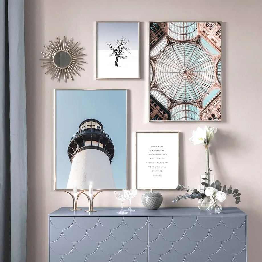 Sea Beach Snow Mountain Landscape Poster Nordic Style Roof Lighthouse Quotes Canvas Painting Wall Pictures For Living Room Decor